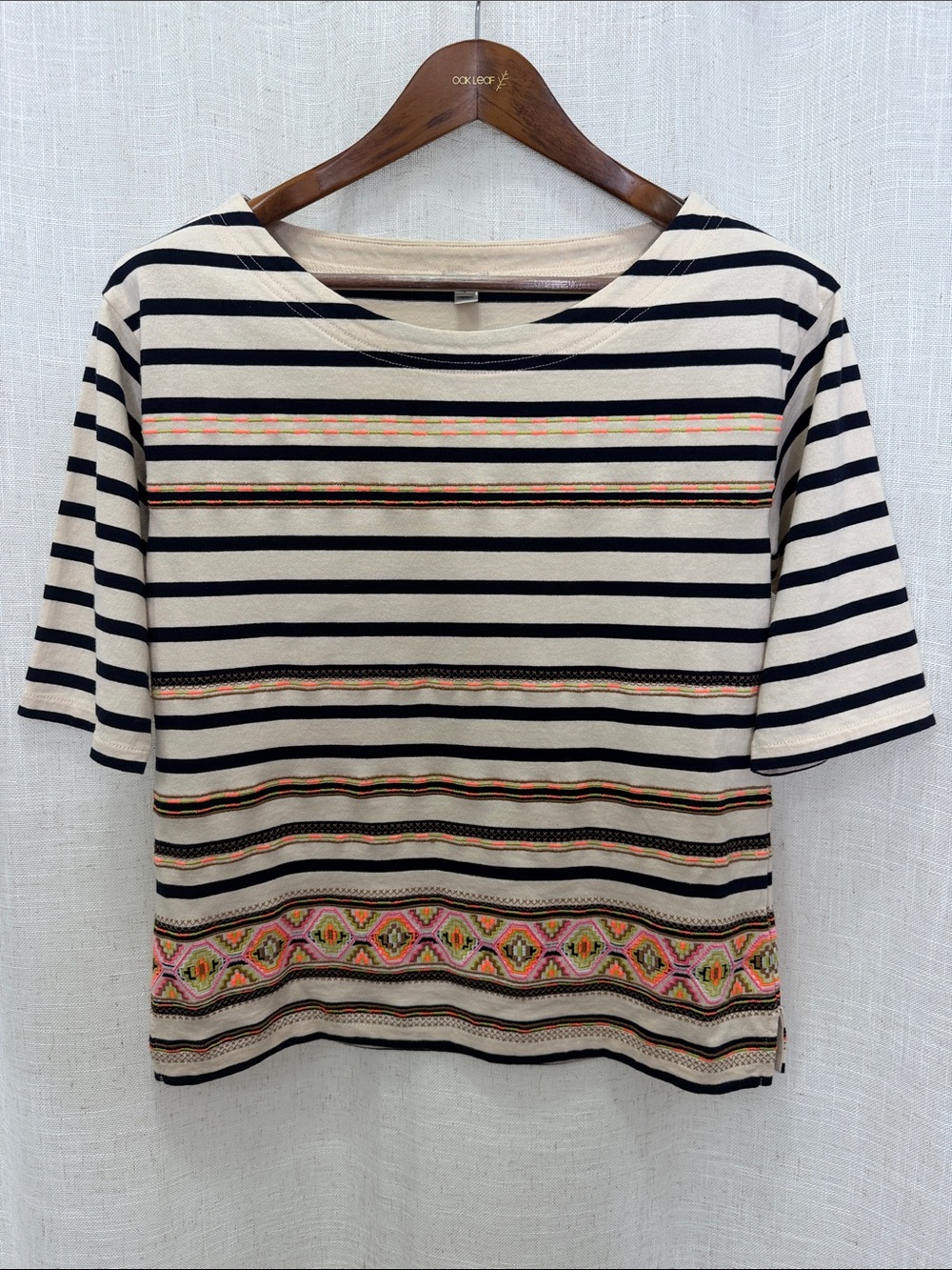 J.Crew Striped Embroidered Elbow Length Sleeve Top in Cream and Black Size Small